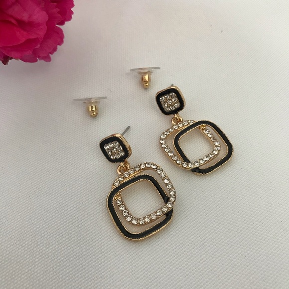 Gold-Tone Black Enamel Glass Stone Drop Earrings - Picture 3 of 13